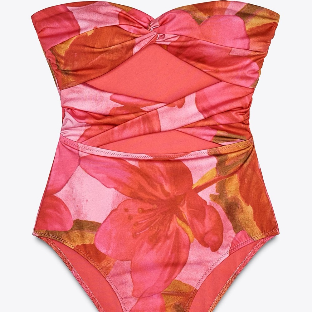 Zara Pink and Orange One Piece Swimsuit with Sweetheart Neckline